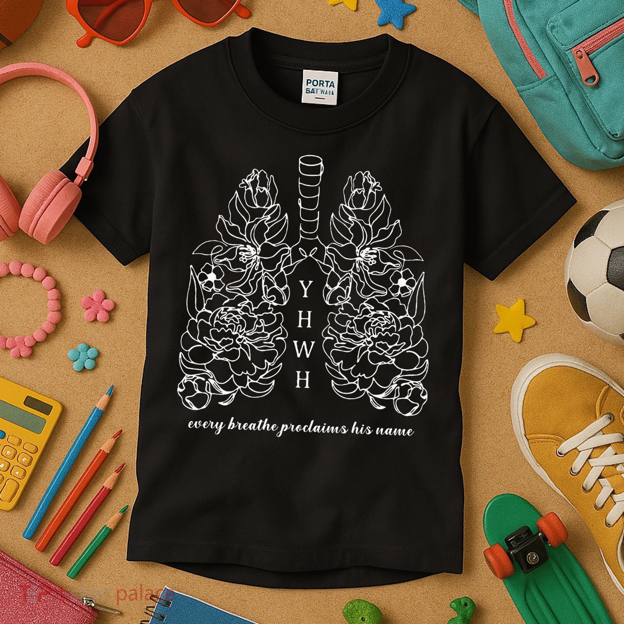 Every Breathe Proclaims His Name Yhwh Floral Lung Kids T-Shirt