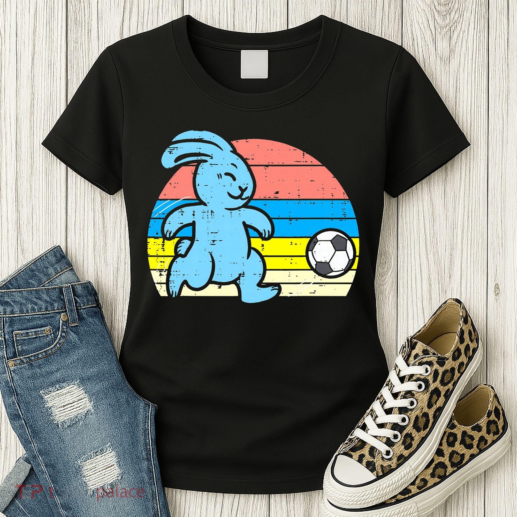 Easter Bunny Playing Soccer Retro Football Women's T-Shirt