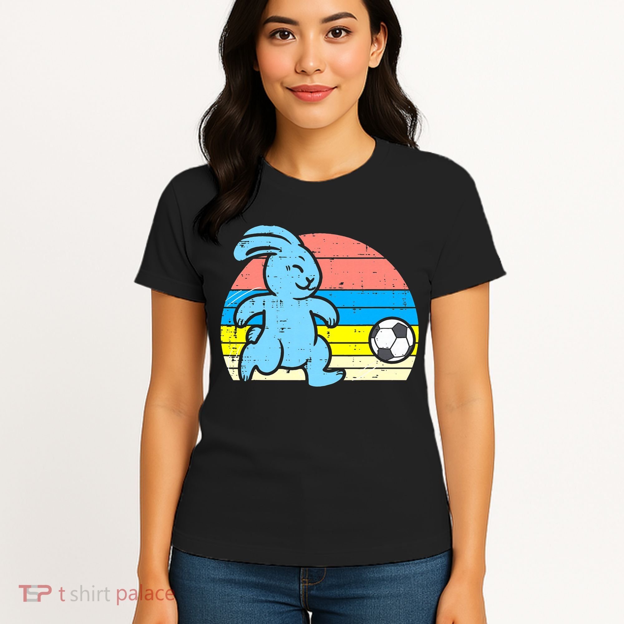 Easter Bunny Playing Soccer Retro Football Women's T-Shirt
