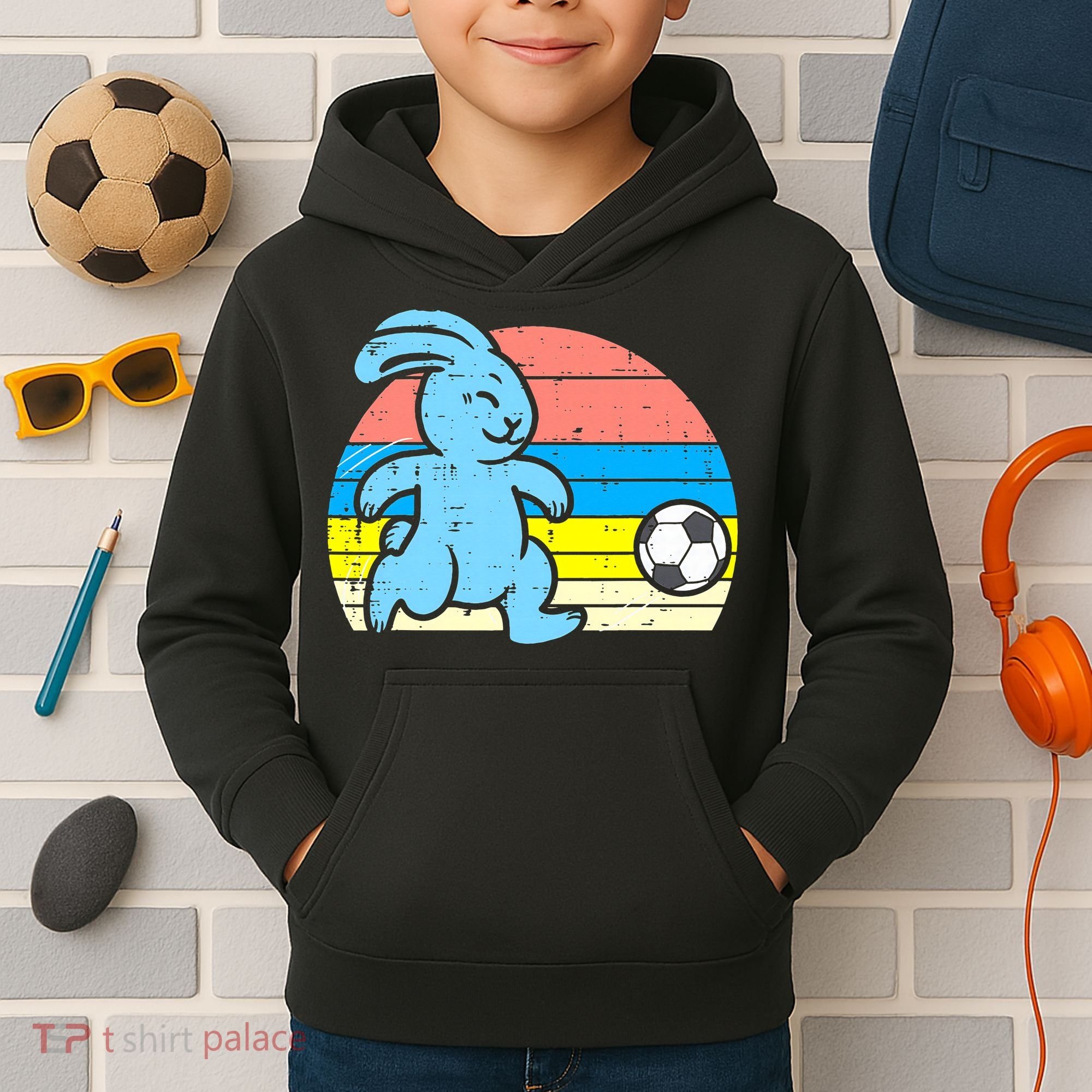 Easter Bunny Playing Soccer Retro Football Kids Hoodie