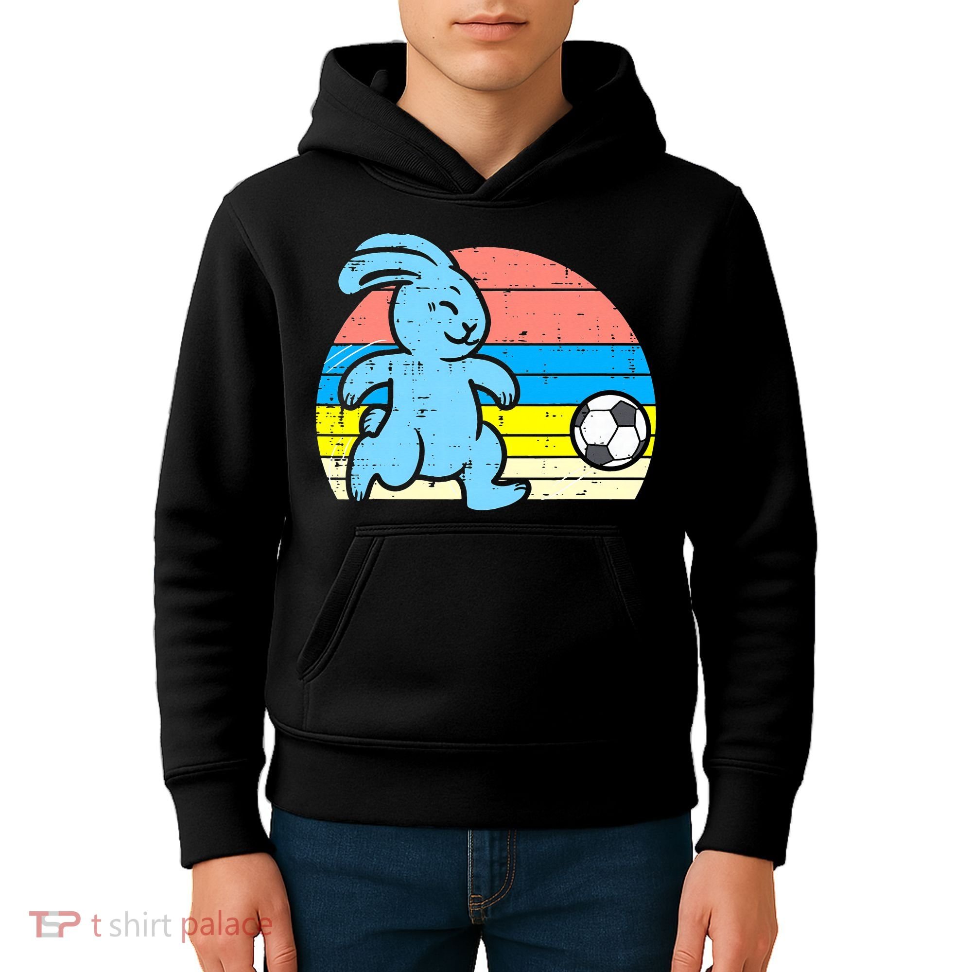 Easter Bunny Playing Soccer Retro Football Kids Hoodie