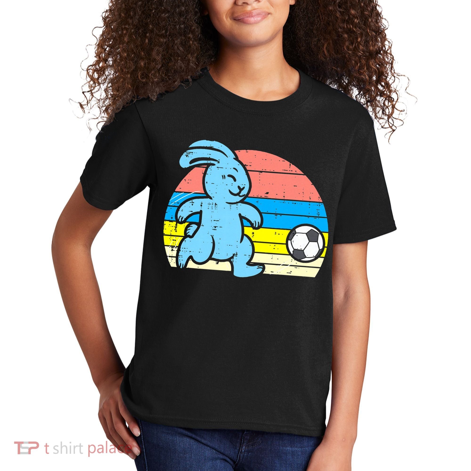 Easter Bunny Playing Soccer Retro Football Kids T-Shirt