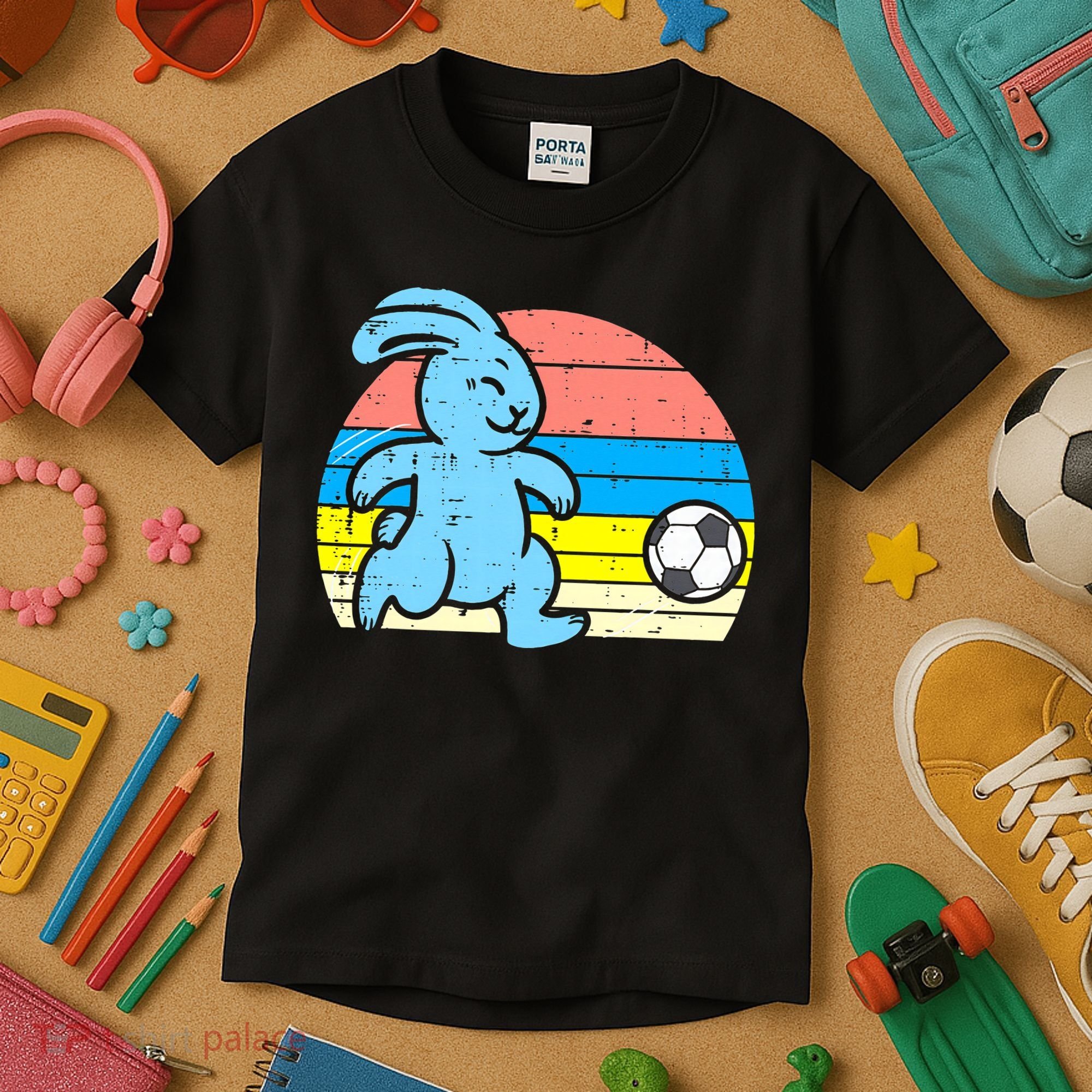 Easter Bunny Playing Soccer Retro Football Kids T-Shirt
