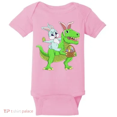Easter Bunny Riding Dinosaur T Rex Easter Baby Bodysuit