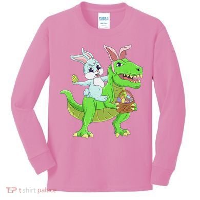 Easter Bunny Riding Dinosaur T Rex Easter Kids Long Sleeve Shirt
