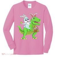 Easter Bunny Riding Dinosaur T Rex Easter Kids Long Sleeve Shirt thumb 0