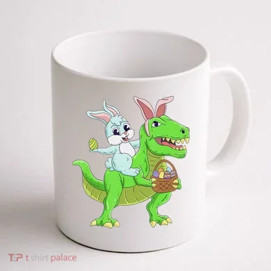 Easter Bunny Riding Dinosaur T Rex Easter Coffee Mug back