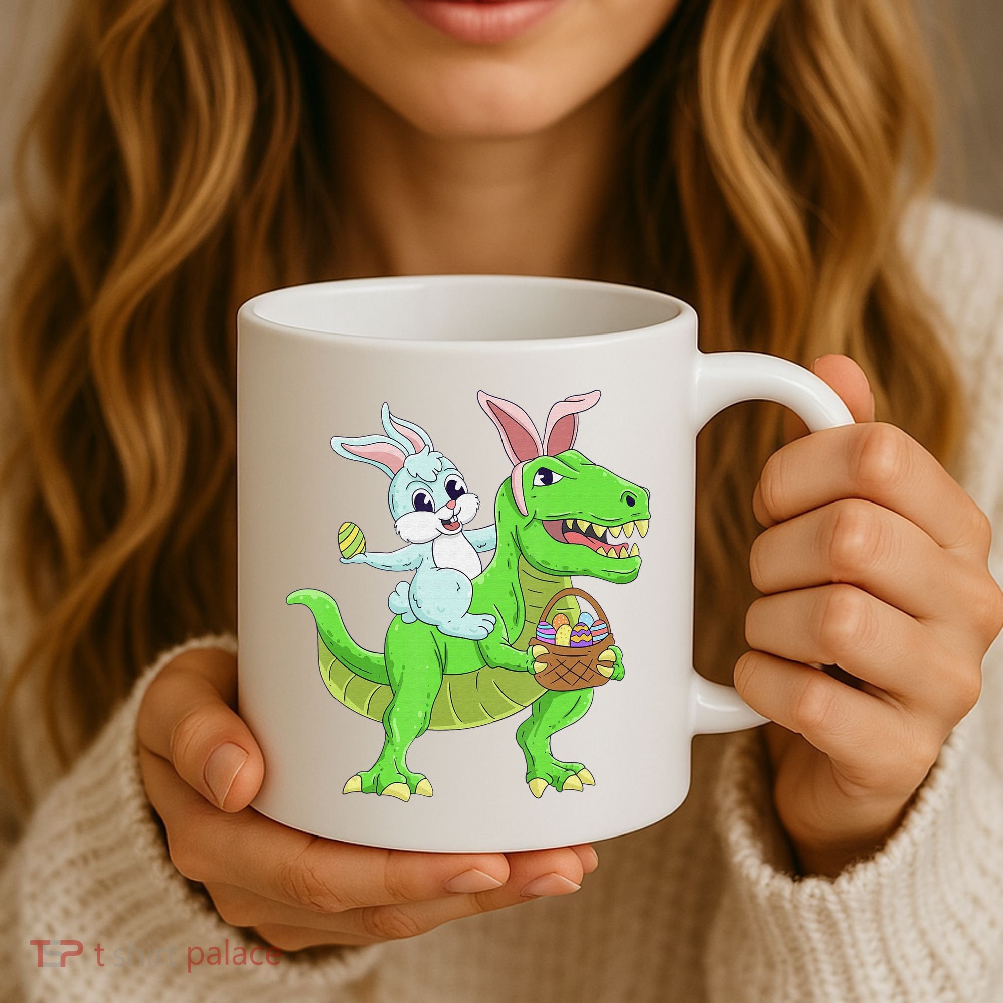 Easter Bunny Riding Dinosaur T Rex Easter Coffee Mug