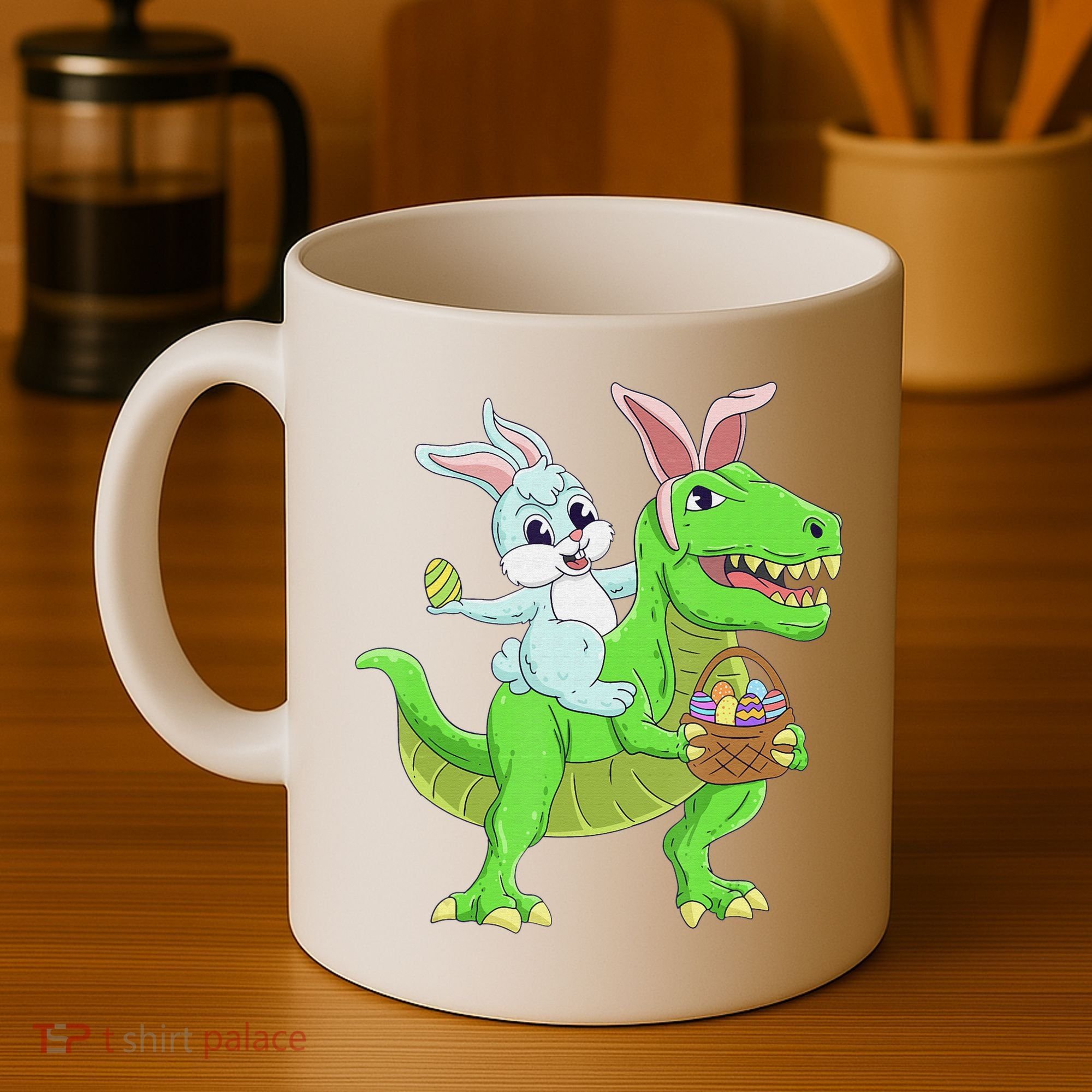 Easter Bunny Riding Dinosaur T Rex Easter Coffee Mug