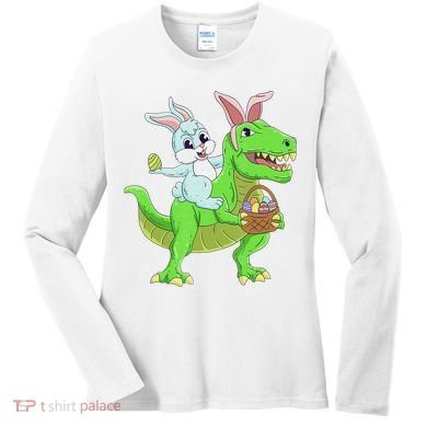 Easter Bunny Riding Dinosaur T Rex Easter Women's Long Sleeve Shirt