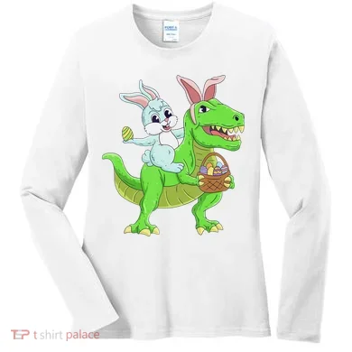Easter Bunny Riding Dinosaur T Rex Easter Women's Long Sleeve Shirt