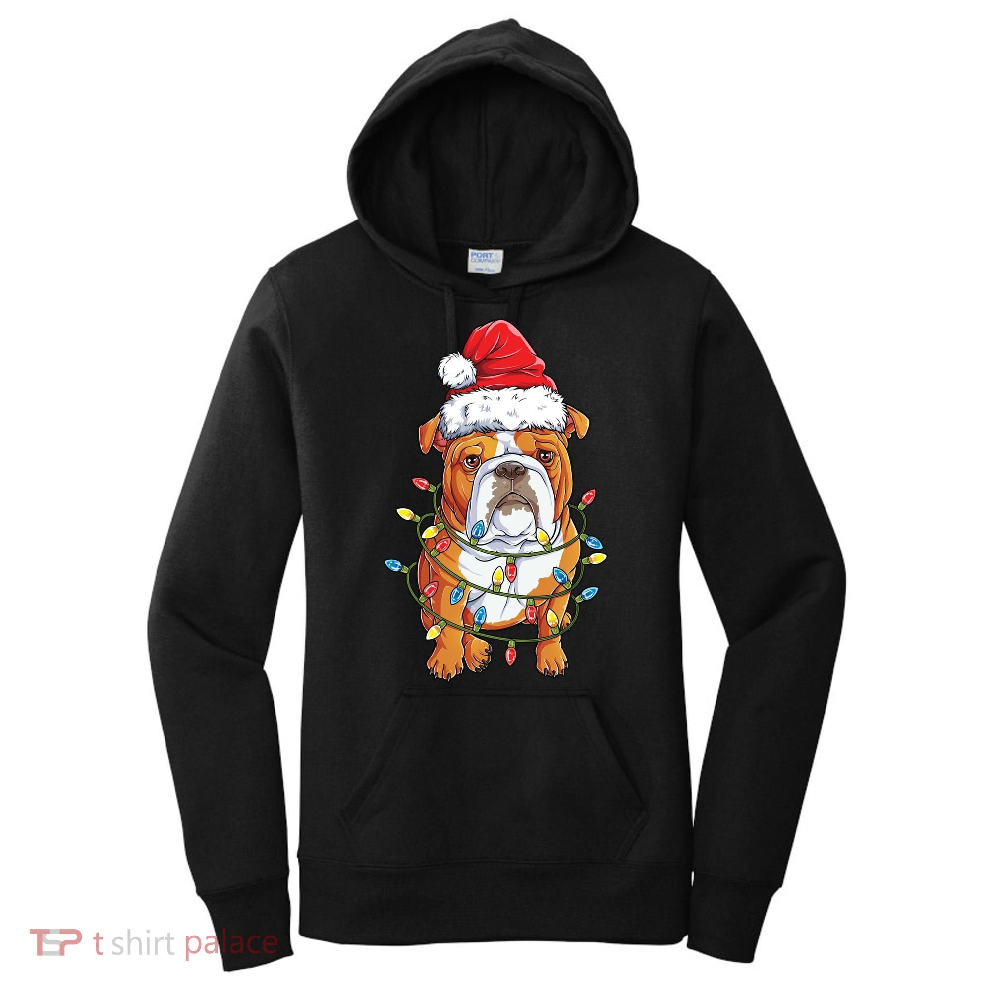 English Bulldog Santa Christmas Tree Lights Xmas Boys Dog Gift Women's Hoodie