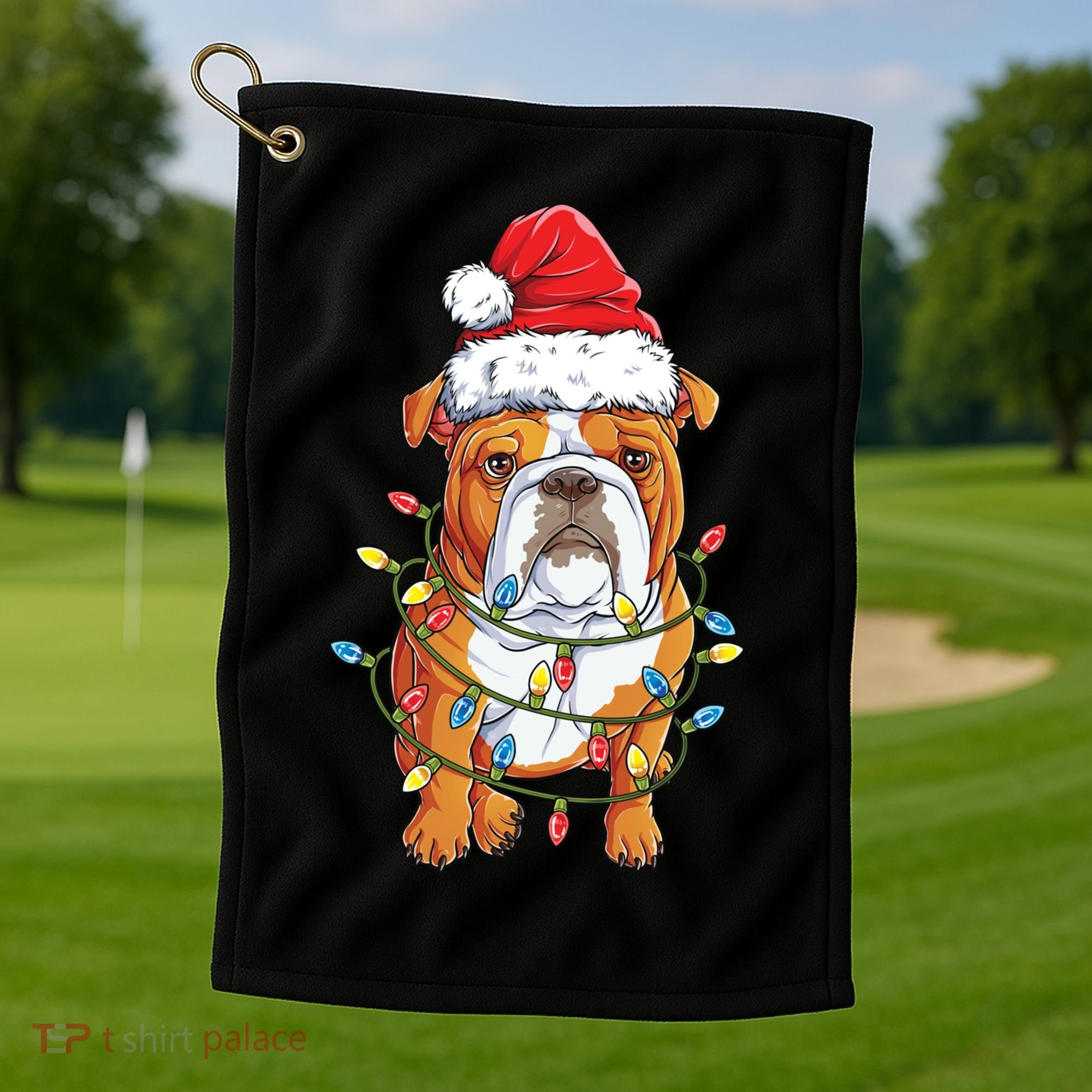 English Bulldog Santa Christmas Tree Lights Xmas Boys Dog Gift Golf Towel