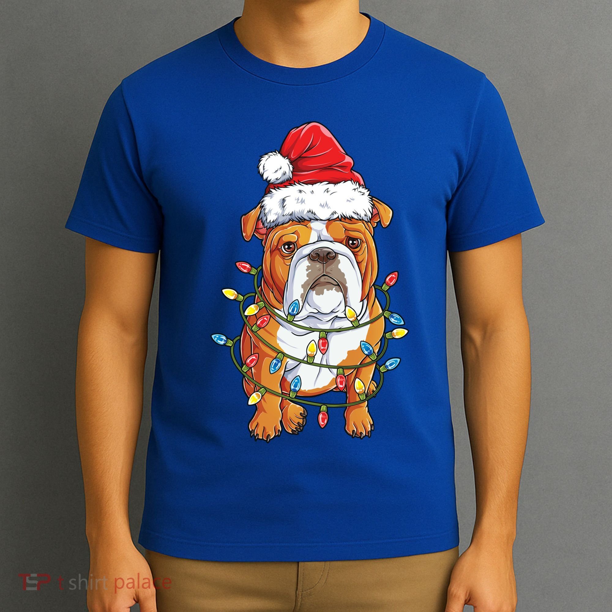 English Bulldog Santa Christmas Tree Lights Xmas Boys Dog Gift T-Shirt