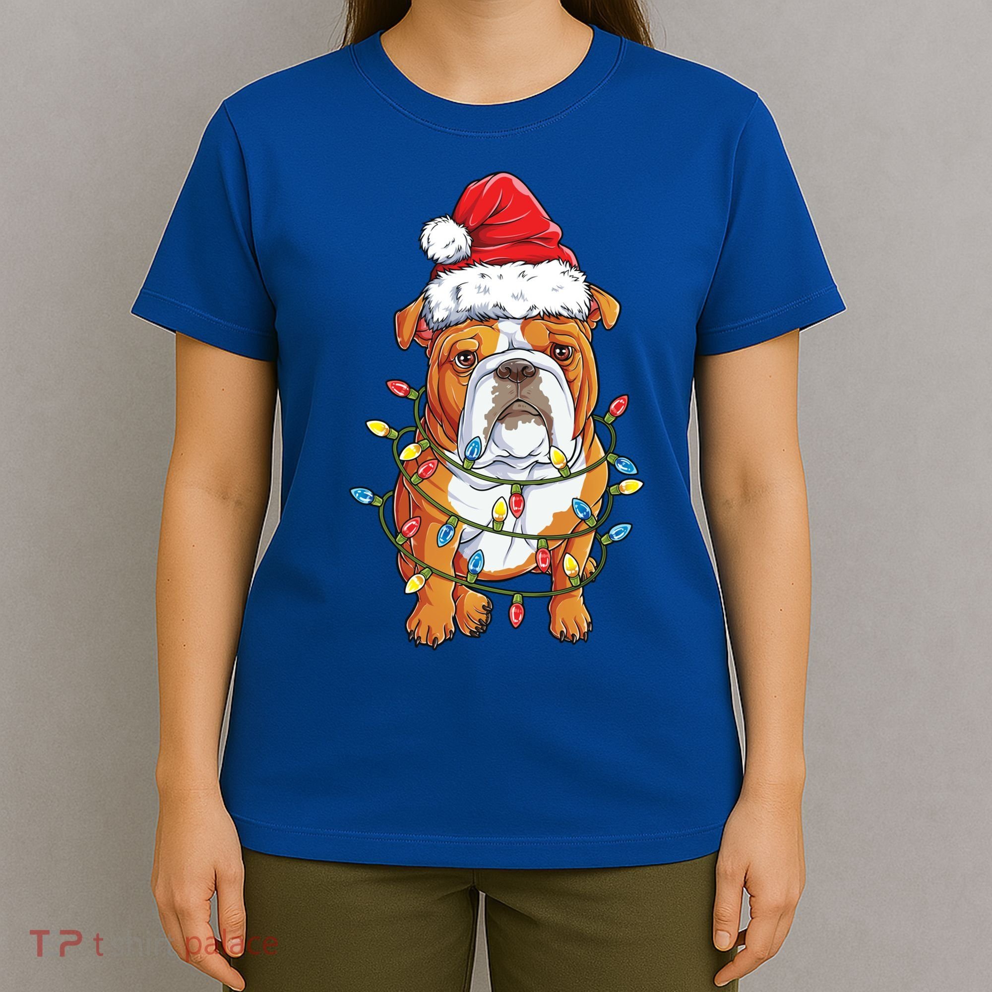 English Bulldog Santa Christmas Tree Lights Xmas Boys Dog Gift T-Shirt