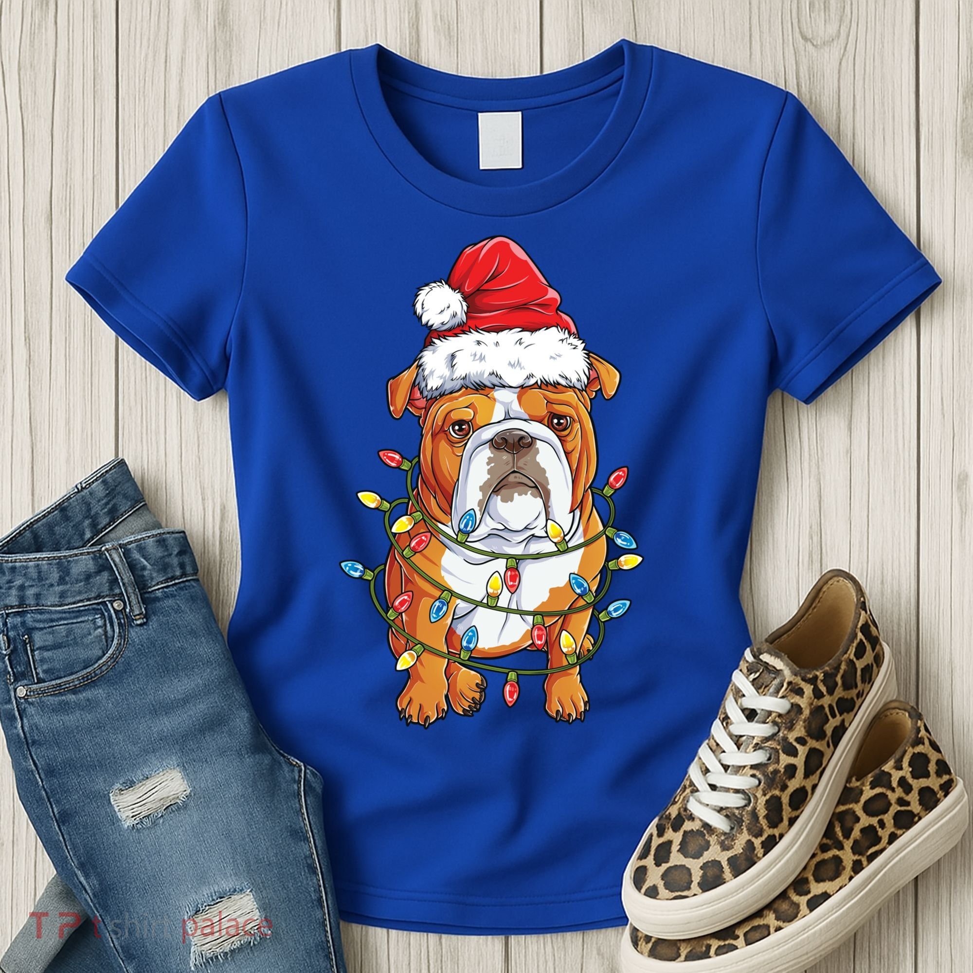 English Bulldog Santa Christmas Tree Lights Xmas Boys Dog Gift Women's T-Shirt