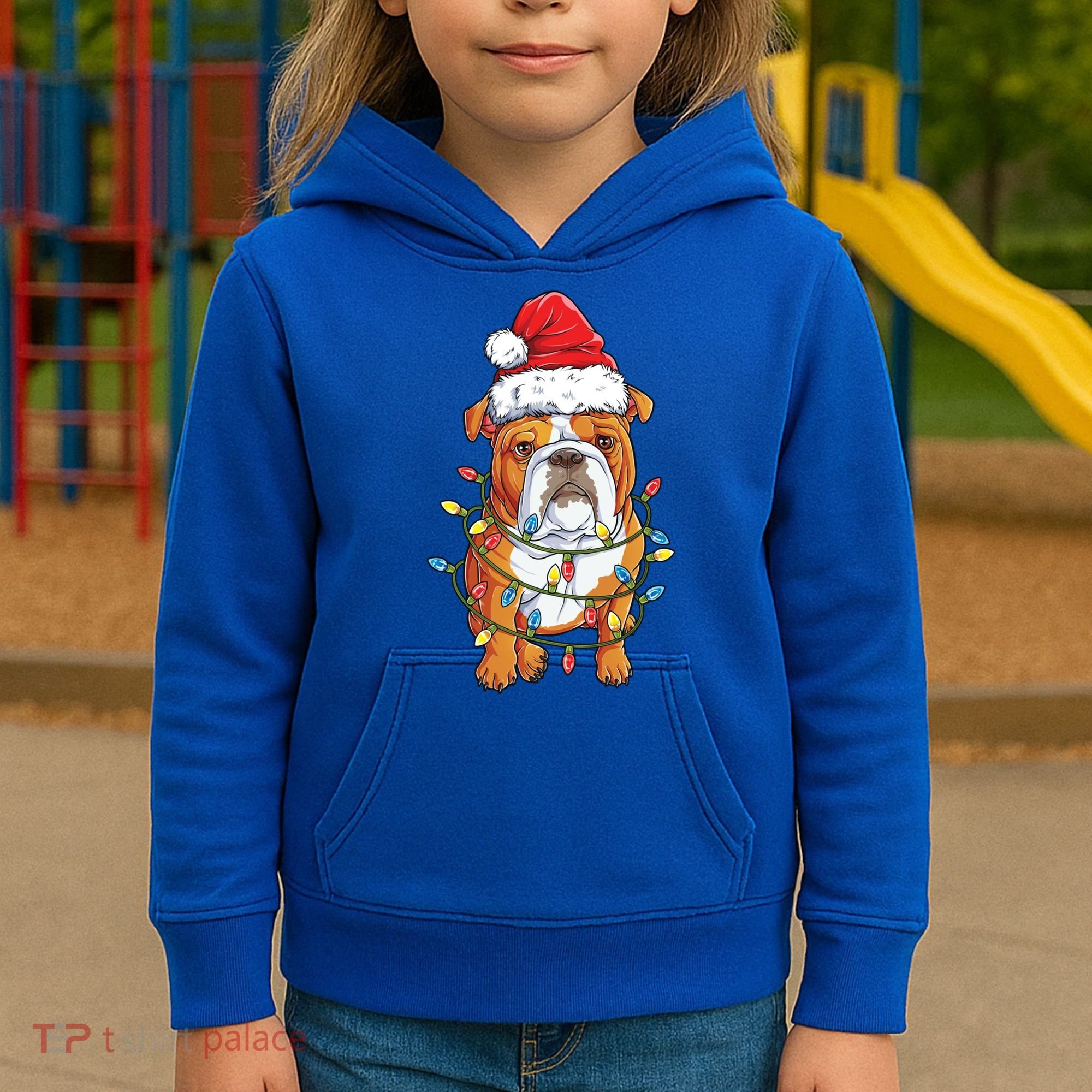 English Bulldog Santa Christmas Tree Lights Xmas Boys Dog Gift Kids Hoodie