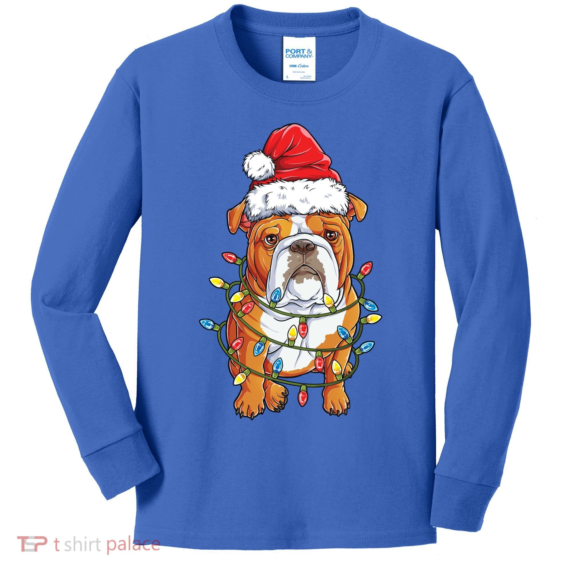 English Bulldog Santa Christmas Tree Lights Xmas Boys Dog Gift Kids Long Sleeve Shirt