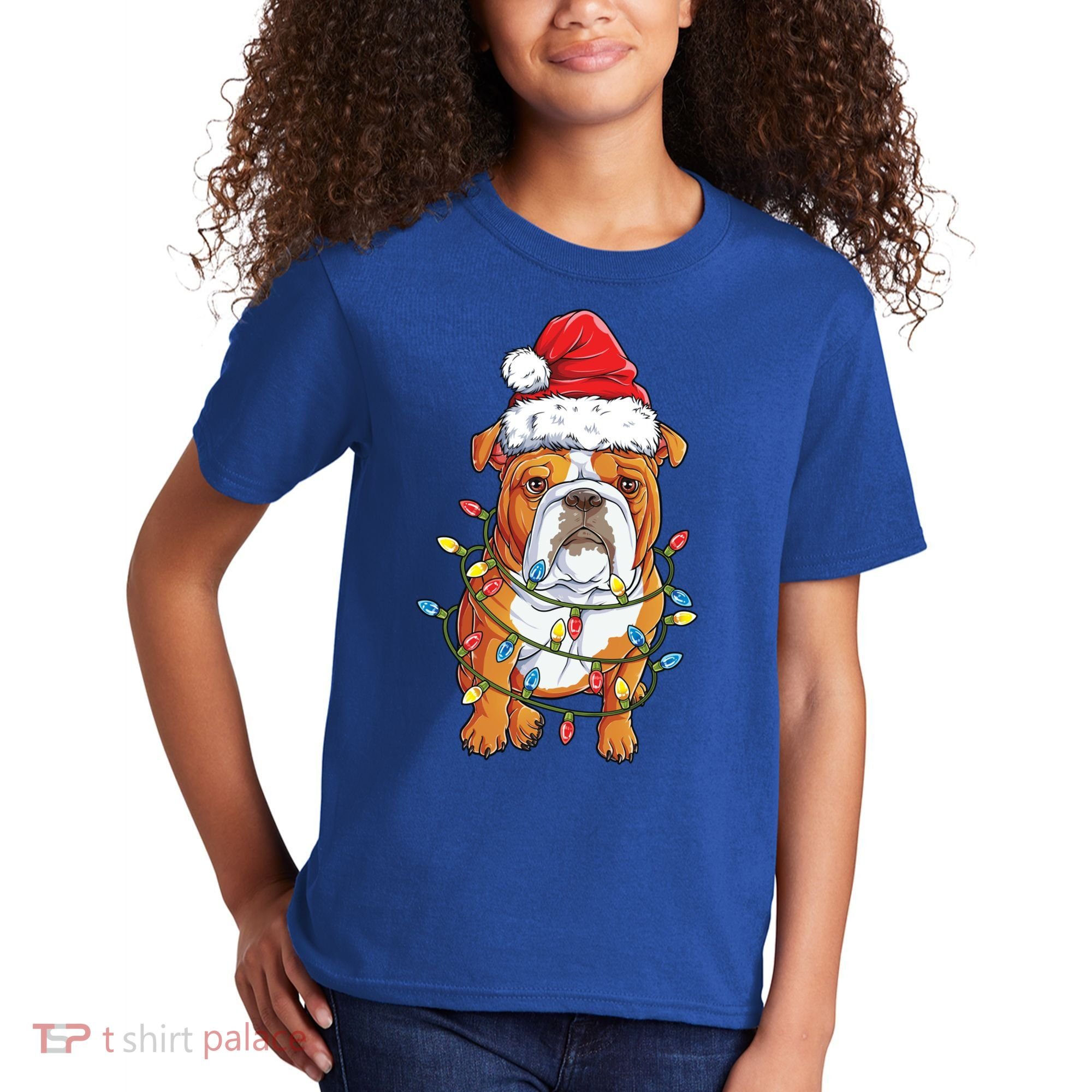 English Bulldog Santa Christmas Tree Lights Xmas Boys Dog Gift Kids T-Shirt