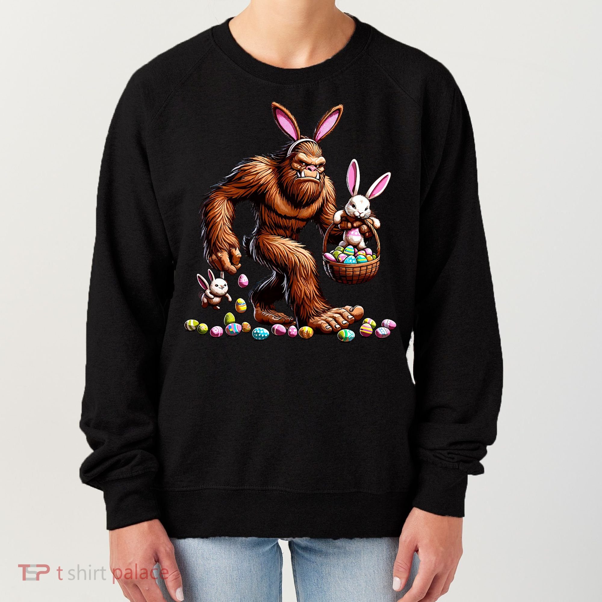 Easter Bigfoot With Bunny & Egg Basket Festive Celebration Women's Sweatshirt