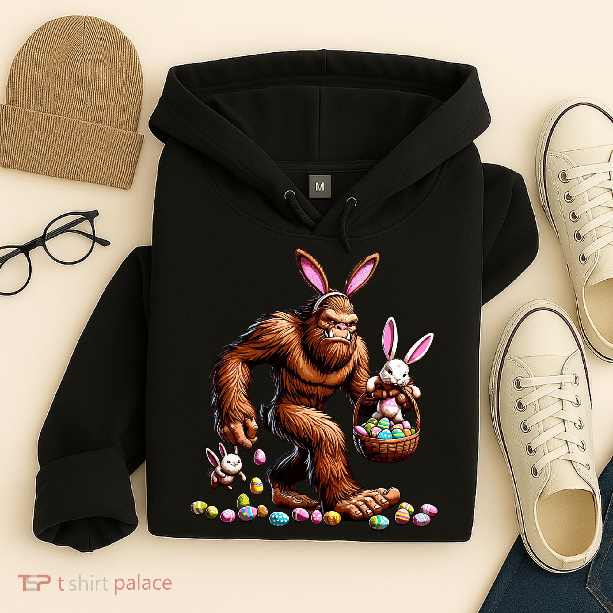 Easter Bigfoot With Bunny & Egg Basket Festive Celebration Hoodie