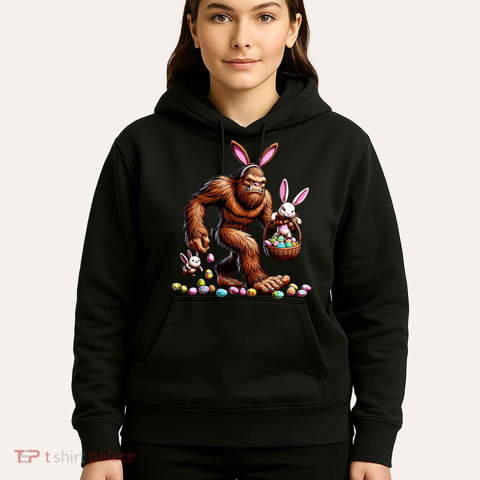 Easter Bigfoot With Bunny & Egg Basket Festive Celebration Hoodie