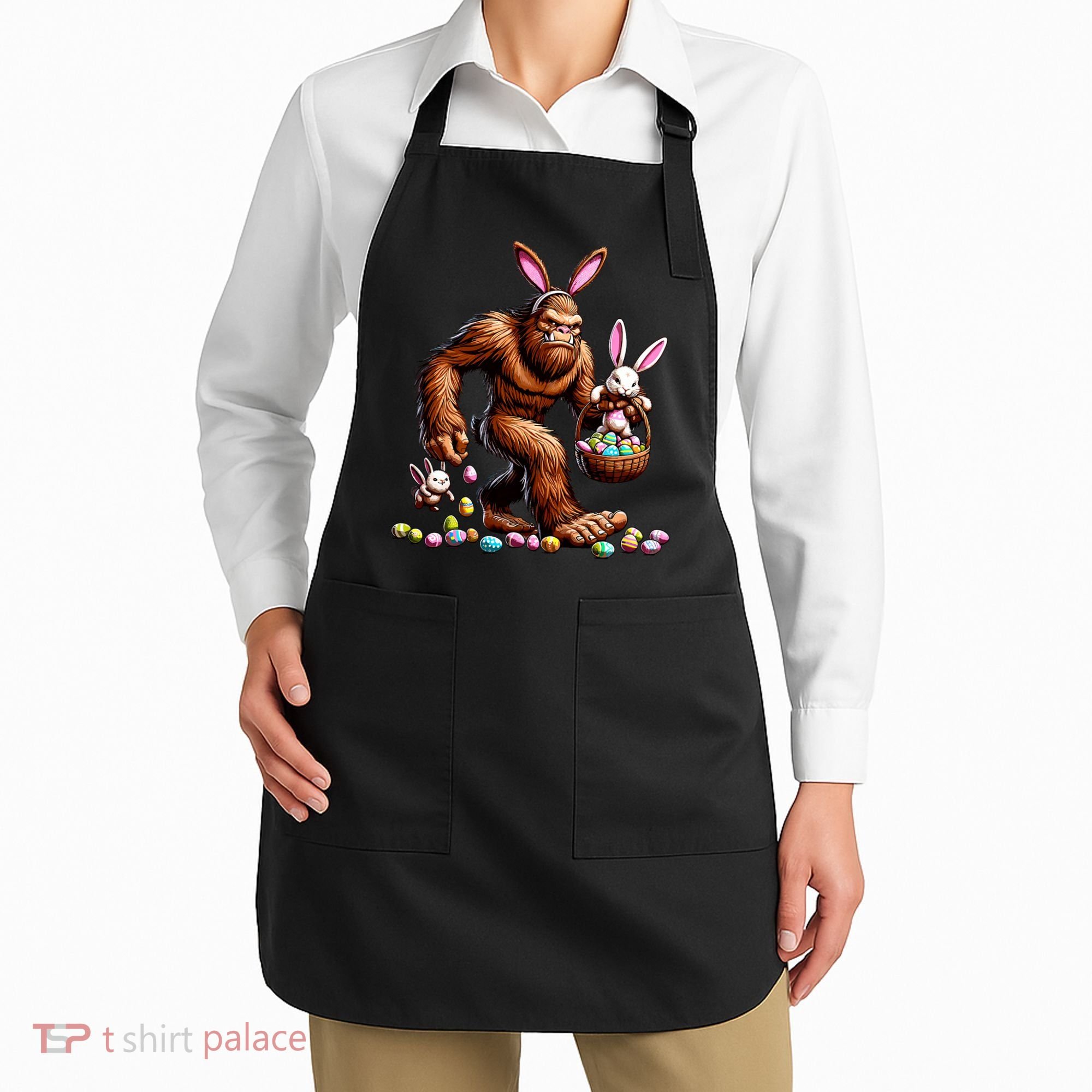 Easter Bigfoot With Bunny & Egg Basket Festive Celebration Apron