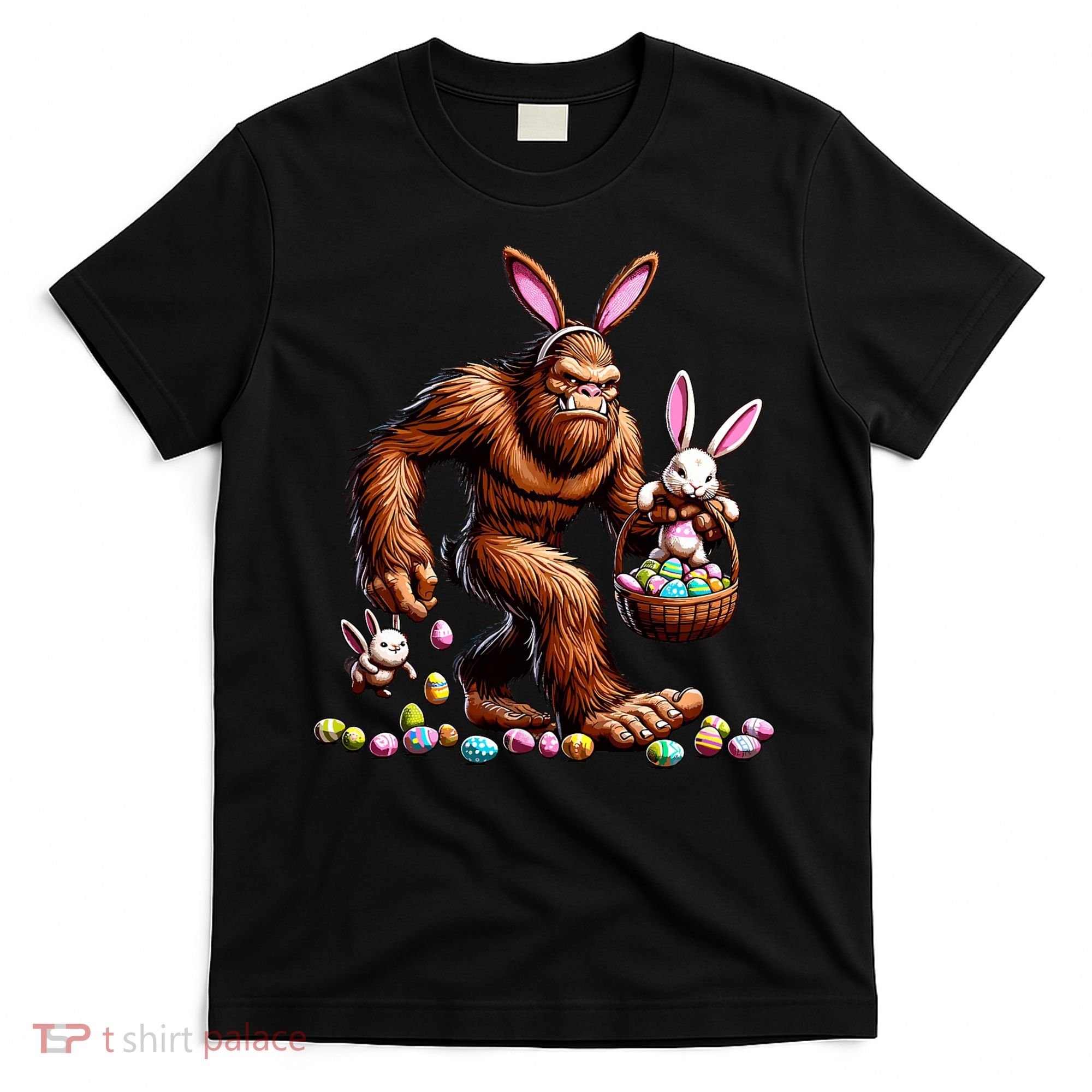 Easter Bigfoot With Bunny & Egg Basket Festive Celebration T-Shirt