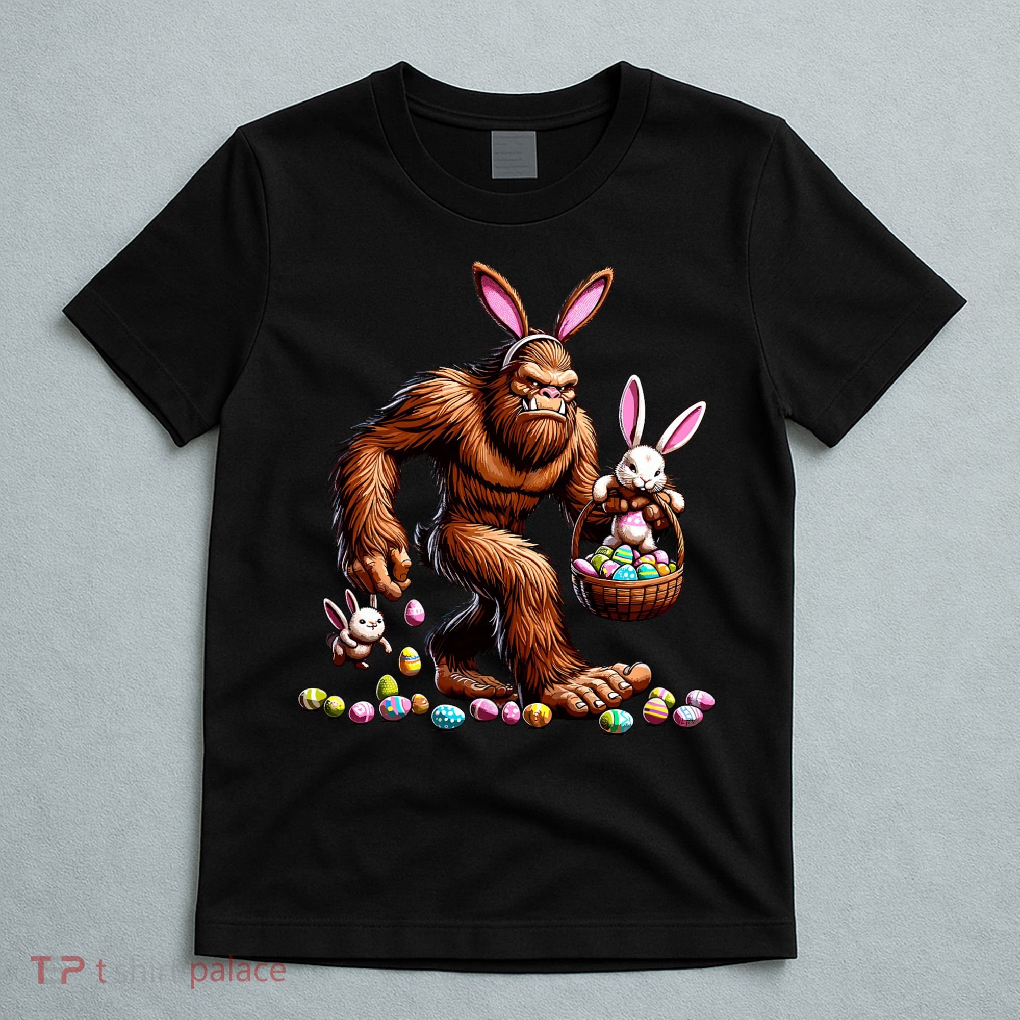 Easter Bigfoot With Bunny & Egg Basket Festive Celebration T-Shirt