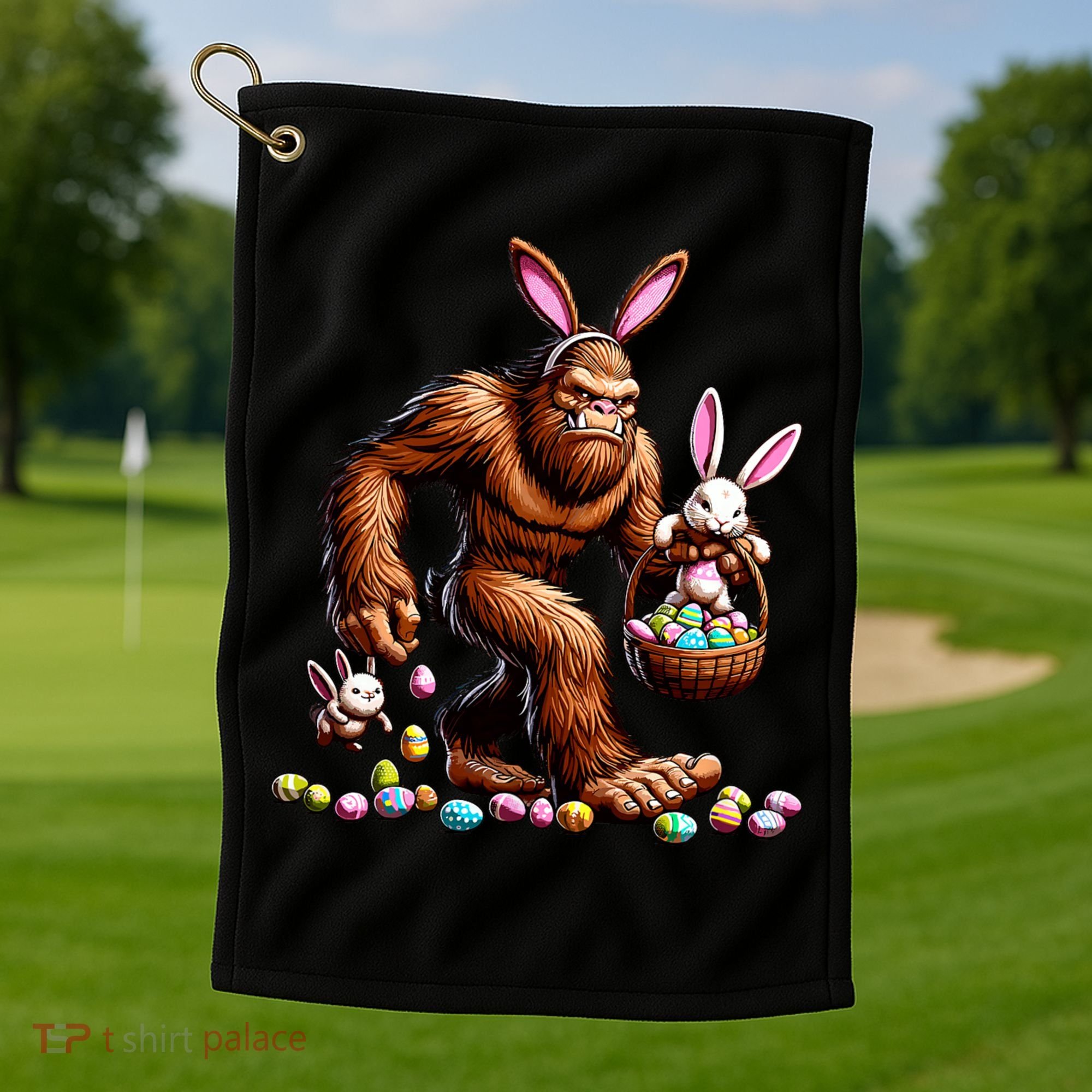 Easter Bigfoot With Bunny & Egg Basket Festive Celebration Golf Towel