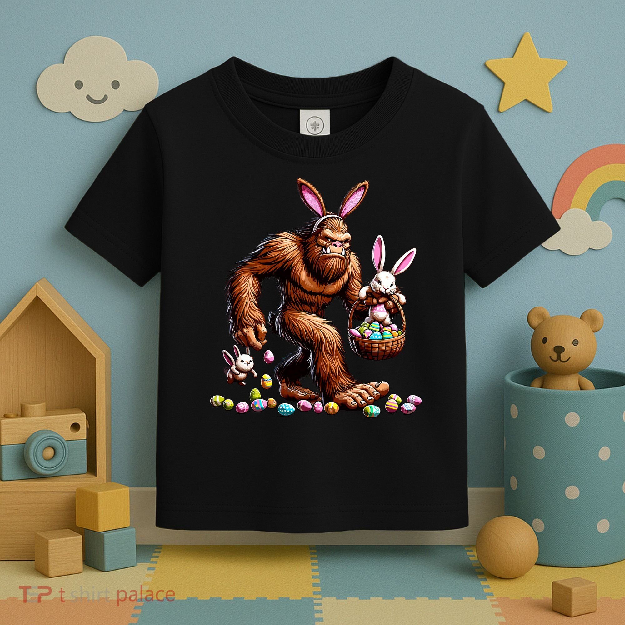 Easter Bigfoot With Bunny & Egg Basket Festive Celebration Toddler T-Shirt