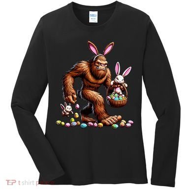 Easter Bigfoot With Bunny & Egg Basket Festive Celebration Women's Long Sleeve Shirt