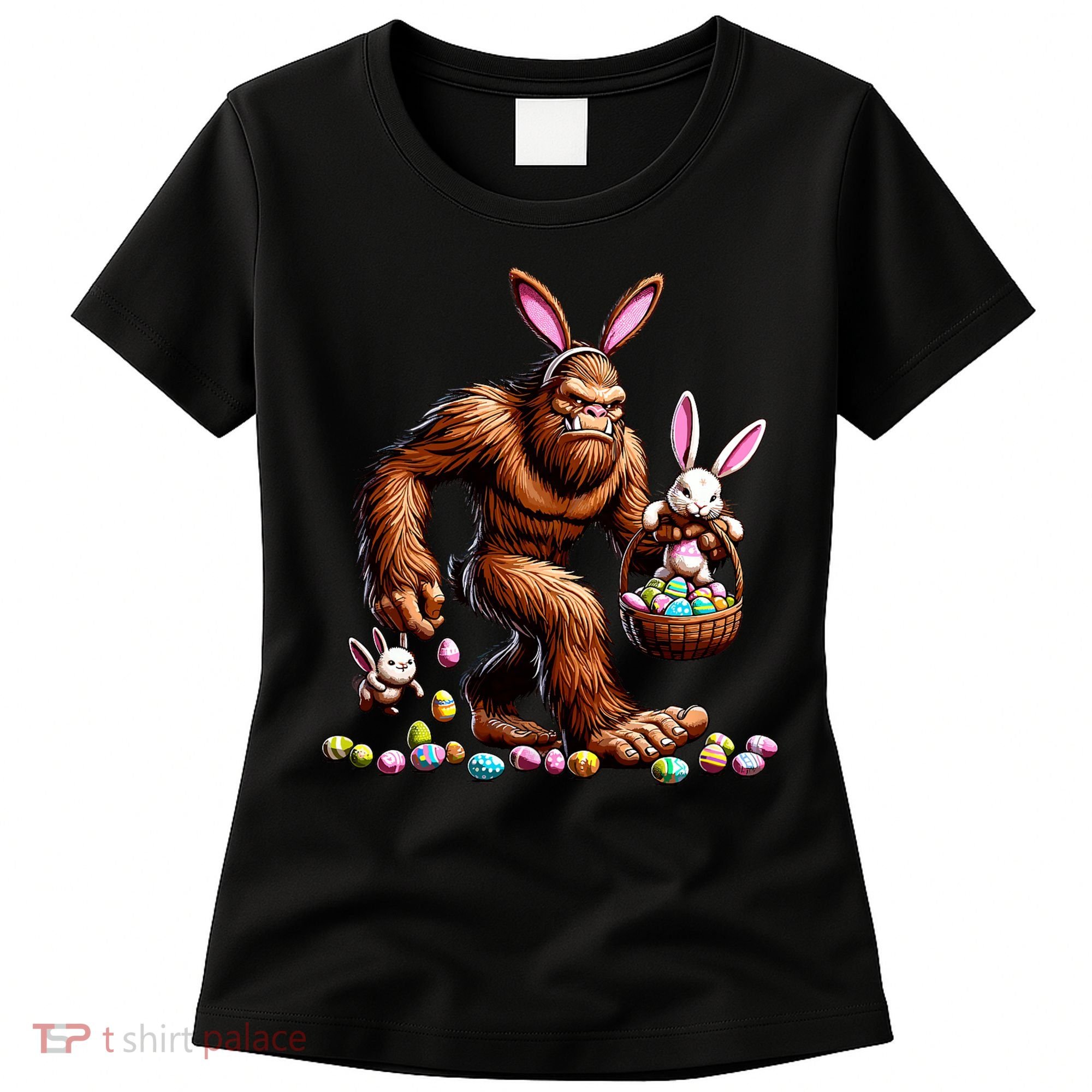 Easter Bigfoot With Bunny & Egg Basket Festive Celebration Women's T-Shirt