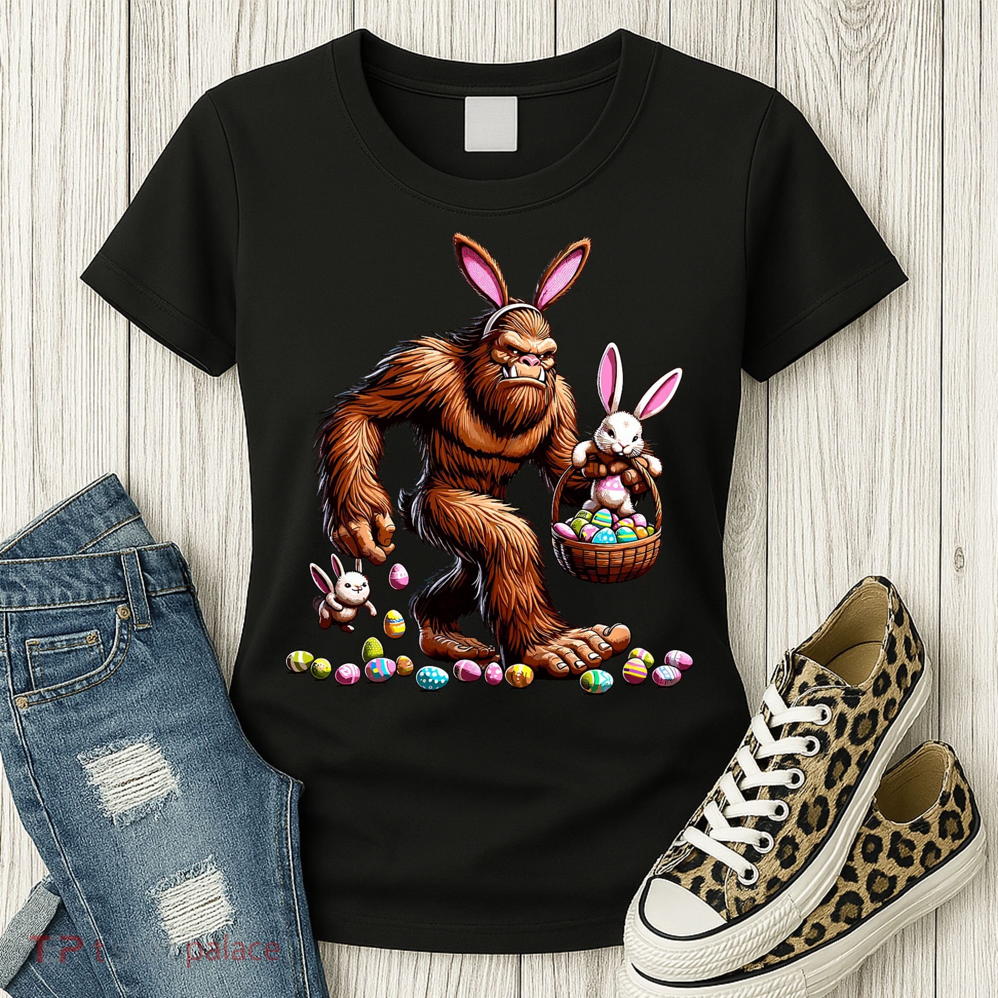 Easter Bigfoot With Bunny & Egg Basket Festive Celebration Women's T-Shirt