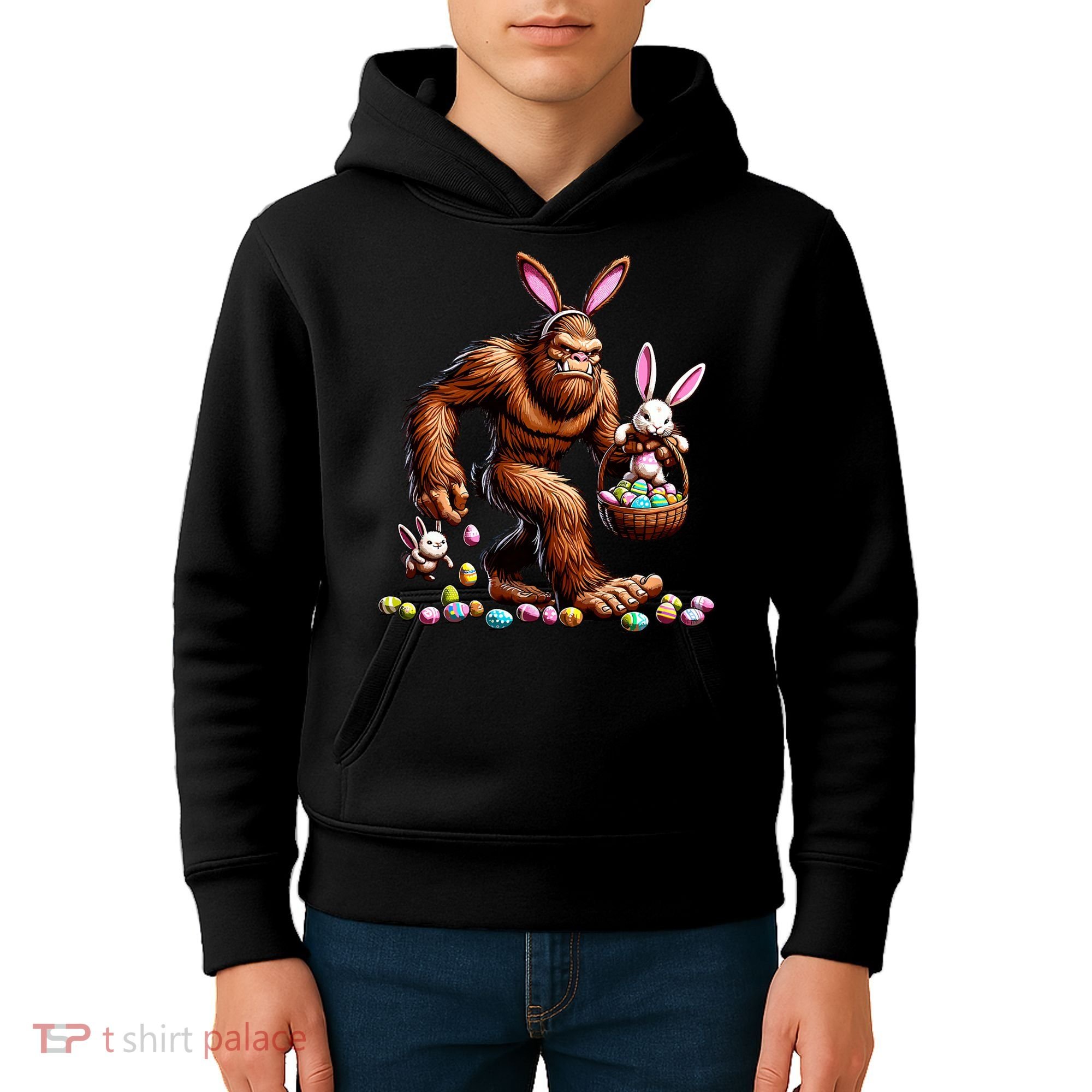 Easter Bigfoot With Bunny & Egg Basket Festive Celebration Kids Hoodie