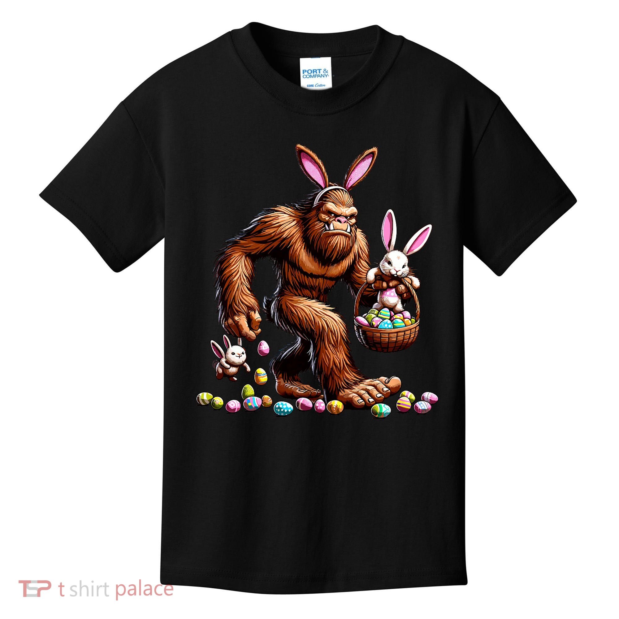 Easter Bigfoot With Bunny & Egg Basket Festive Celebration Kids T-Shirt