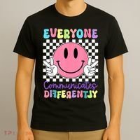 Everyone Communicates Differently Autism Awareness Teacher T-Shirt thumb 3