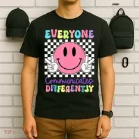 Everyone Communicates Differently Autism Awareness Teacher T-Shirt thumb 6
