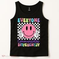 Everyone Communicates Differently Autism Awareness Teacher Tank Top thumb 2