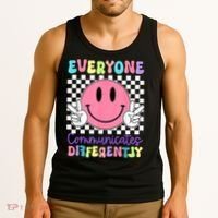 Everyone Communicates Differently Autism Awareness Teacher Tank Top thumb 3