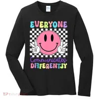 Everyone Communicates Differently Autism Awareness Teacher Women's Long Sleeve Shirt thumb 0