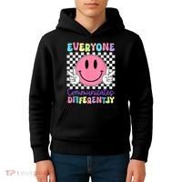 Everyone Communicates Differently Autism Awareness Teacher Kids Hoodie thumb 4