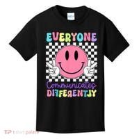 Everyone Communicates Differently Autism Awareness Teacher Kids T-Shirt thumb 0