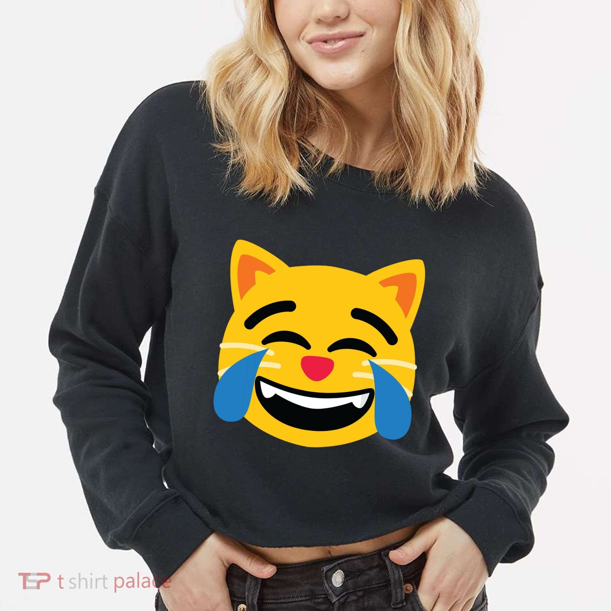 Emoticon Cat Face With Tears Of Joy Cropped Pullover Crew