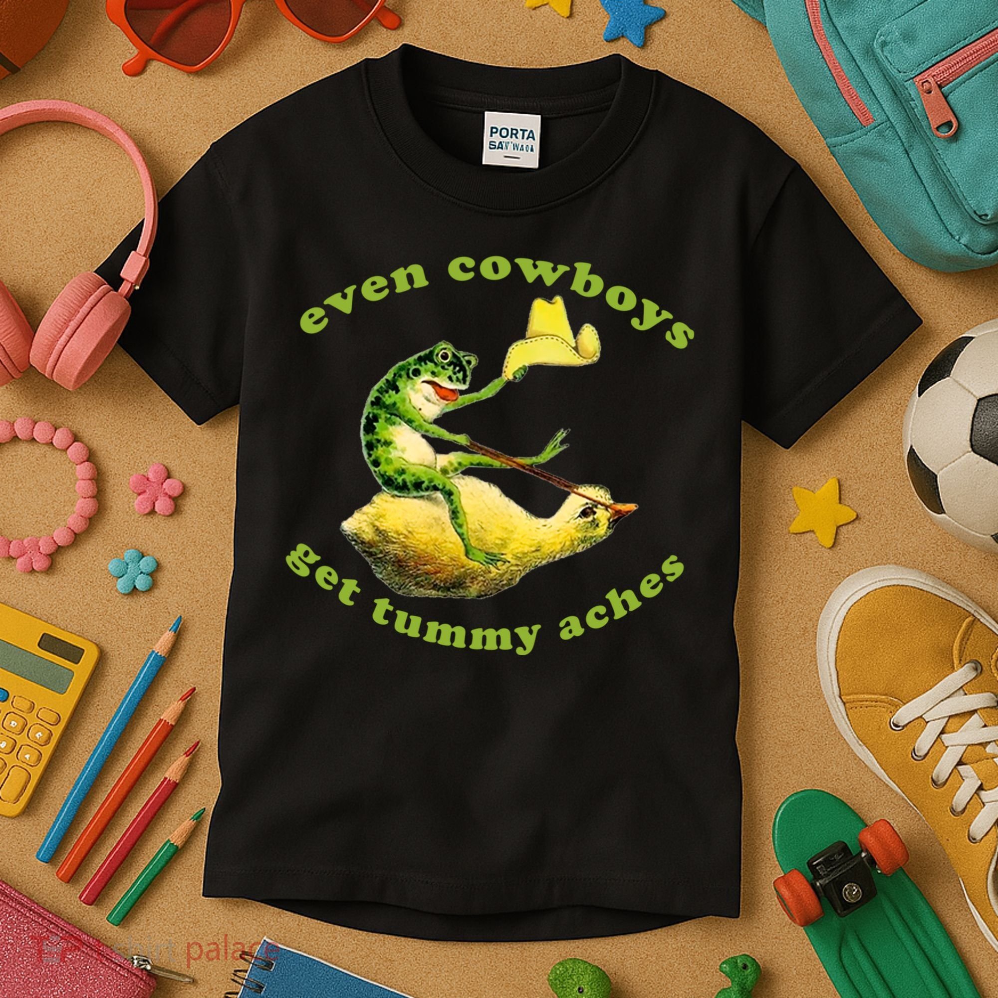 Even Cowboys Get Tummy Aches Frog Wearing Cowboy Hat Kids T-Shirt