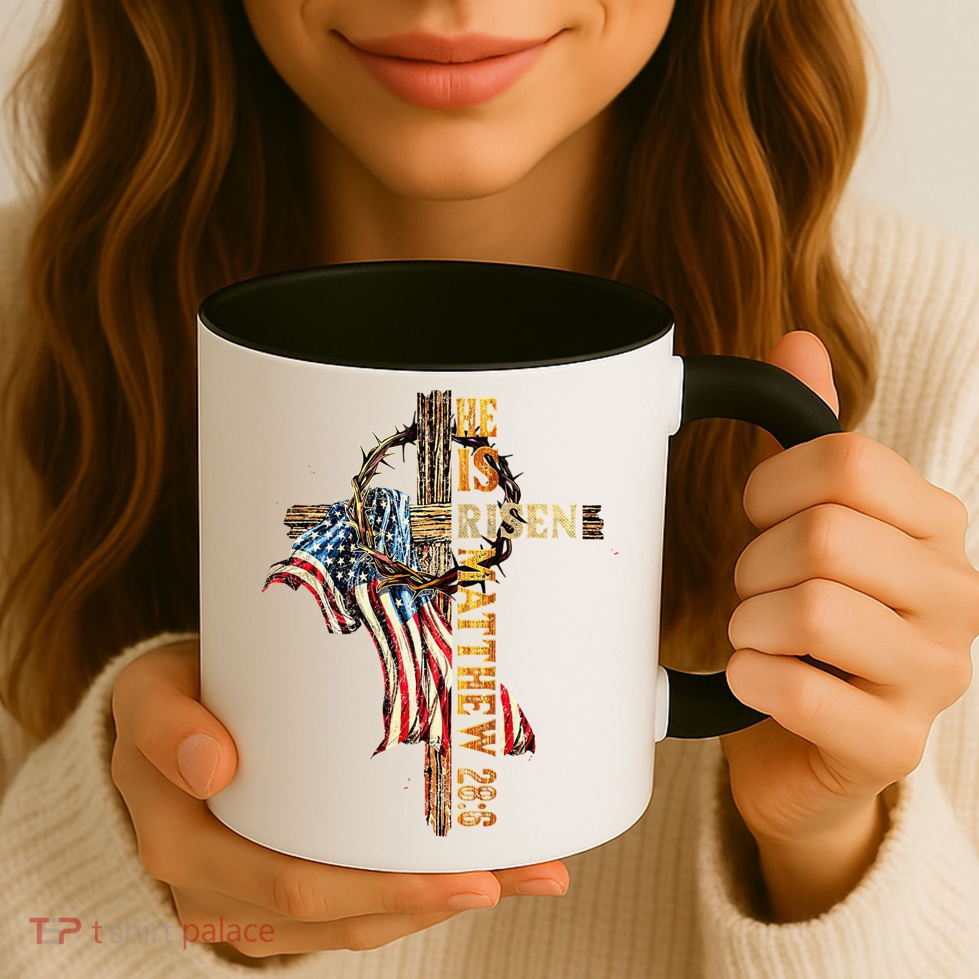 Easter Cross He Is Risen Jesus Christian USA Flag Women Coffee Mug