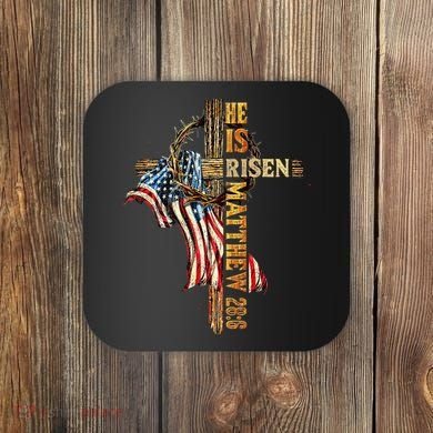 Easter Cross He Is Risen Jesus Christian USA Flag Women Coaster