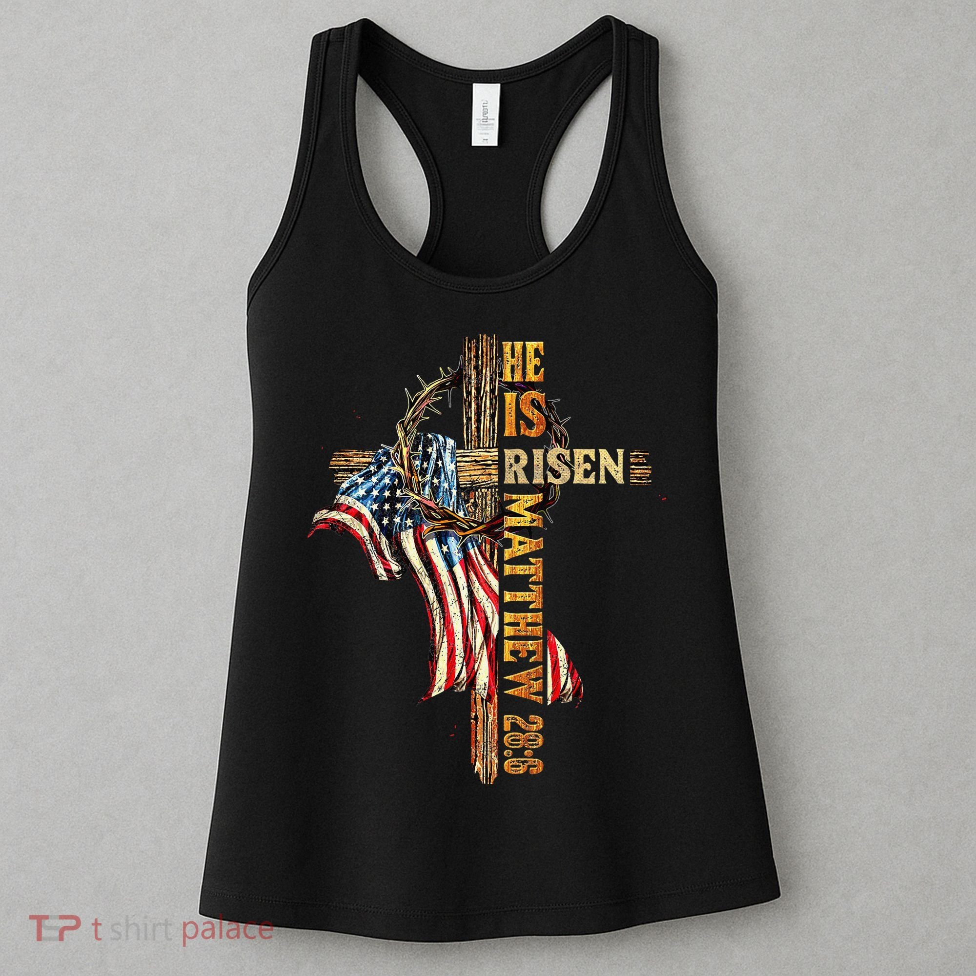 Easter Cross He Is Risen Jesus Christian USA Flag Women Women's Tank Top