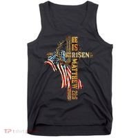 Easter Cross He Is Risen Jesus Christian USA Flag Women Tank Top thumb 0
