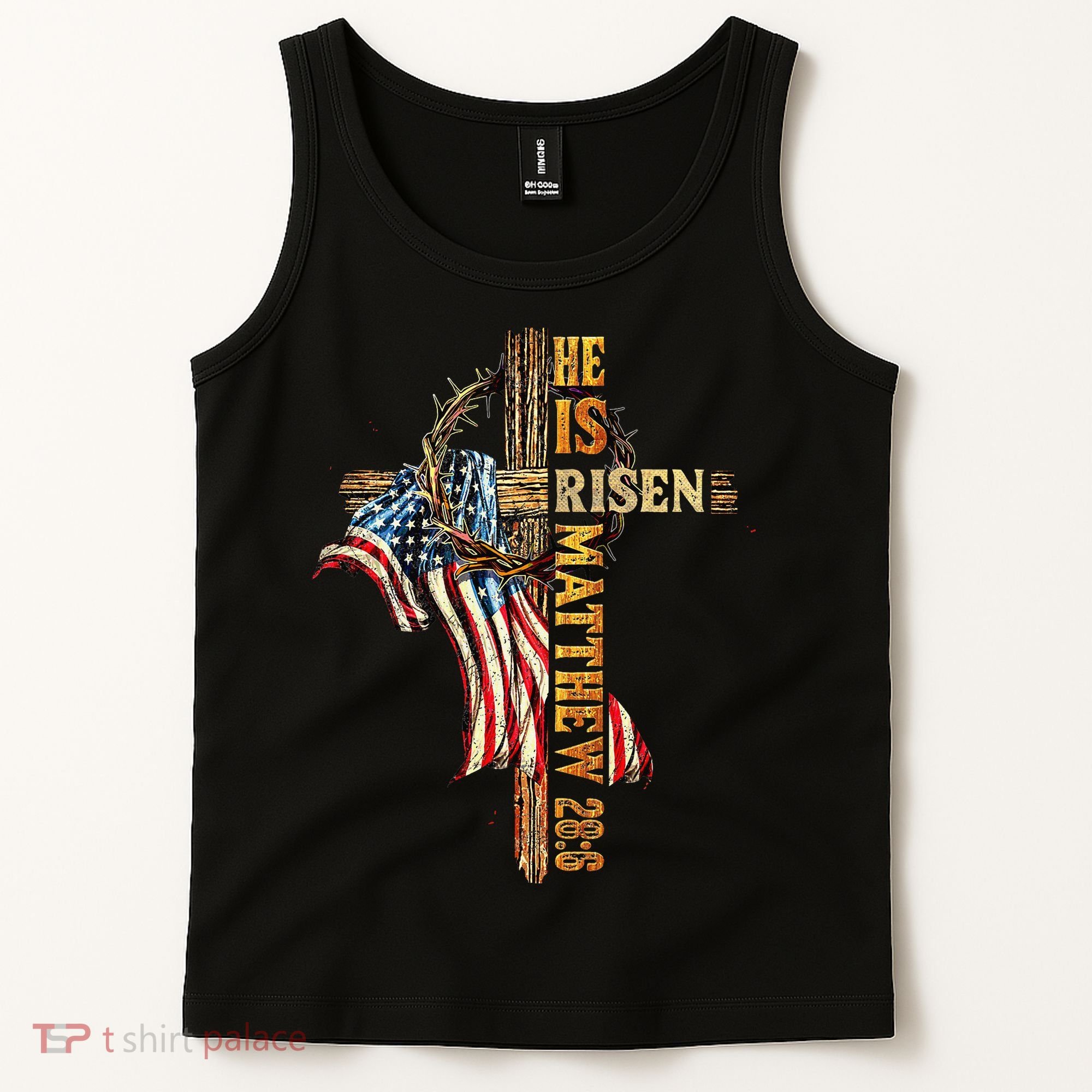 Easter Cross He Is Risen Jesus Christian USA Flag Women Tank Top